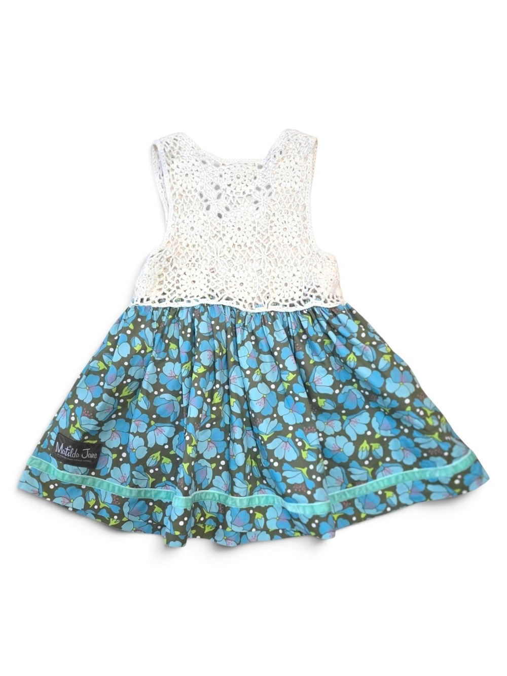 Matilda Jane Blue Floral Ivory Crochet Dress Girls Size 4 - Picture 5 of 6